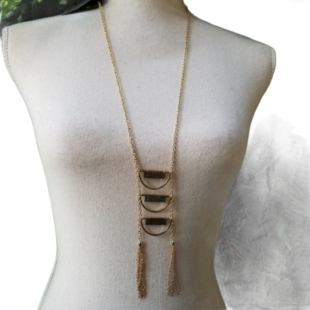 Gold green  Sweater Necklace 36" Tassels  *